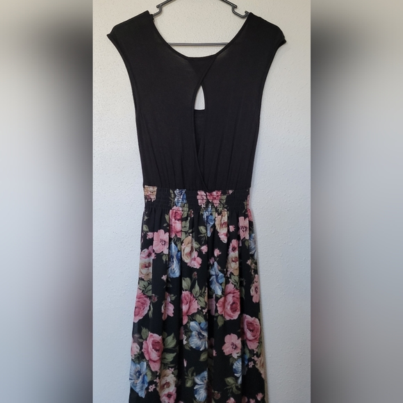 Rebellious Dreamer dress with black top and multi color floral sheer bottom. - Picture 3 of 8